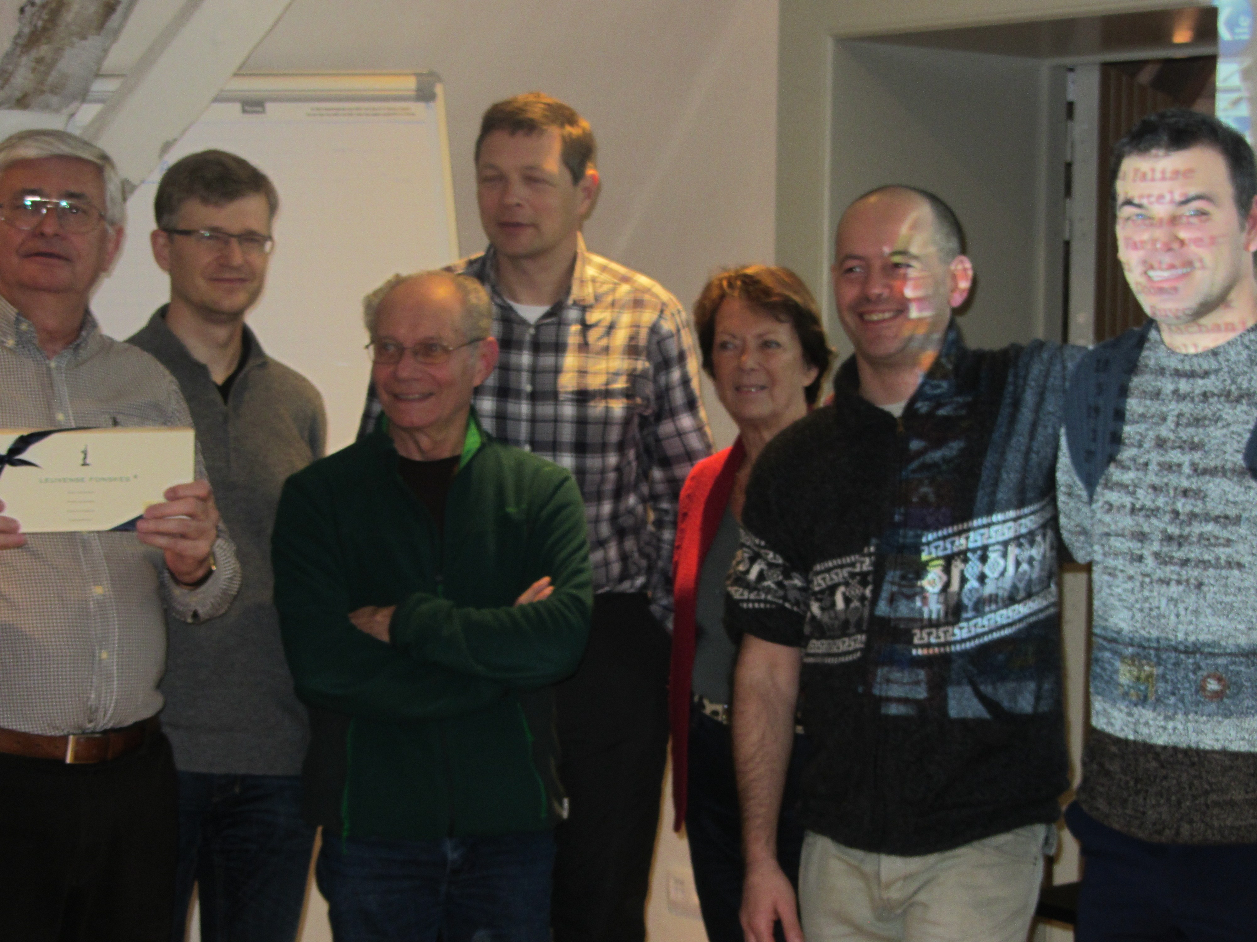 The Brussels team winning the Fonske challenge: Alain Chif, Zsolt Tasnadi, Nabil Antoun, Maurits Pino, Liliane Baptista, Johan Brisaert, and Kristoffer De Weert.